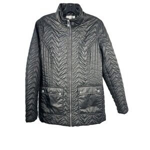 Via Spiga Womens Puffer Jacket Black Flap Pockets Zip Up Lined Collar M -EUC